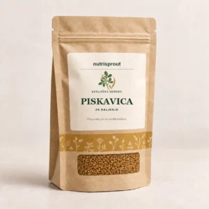 Predstavitvena fotografija rumene kraft vrečke ekoloških semen piskavice za kaljenje